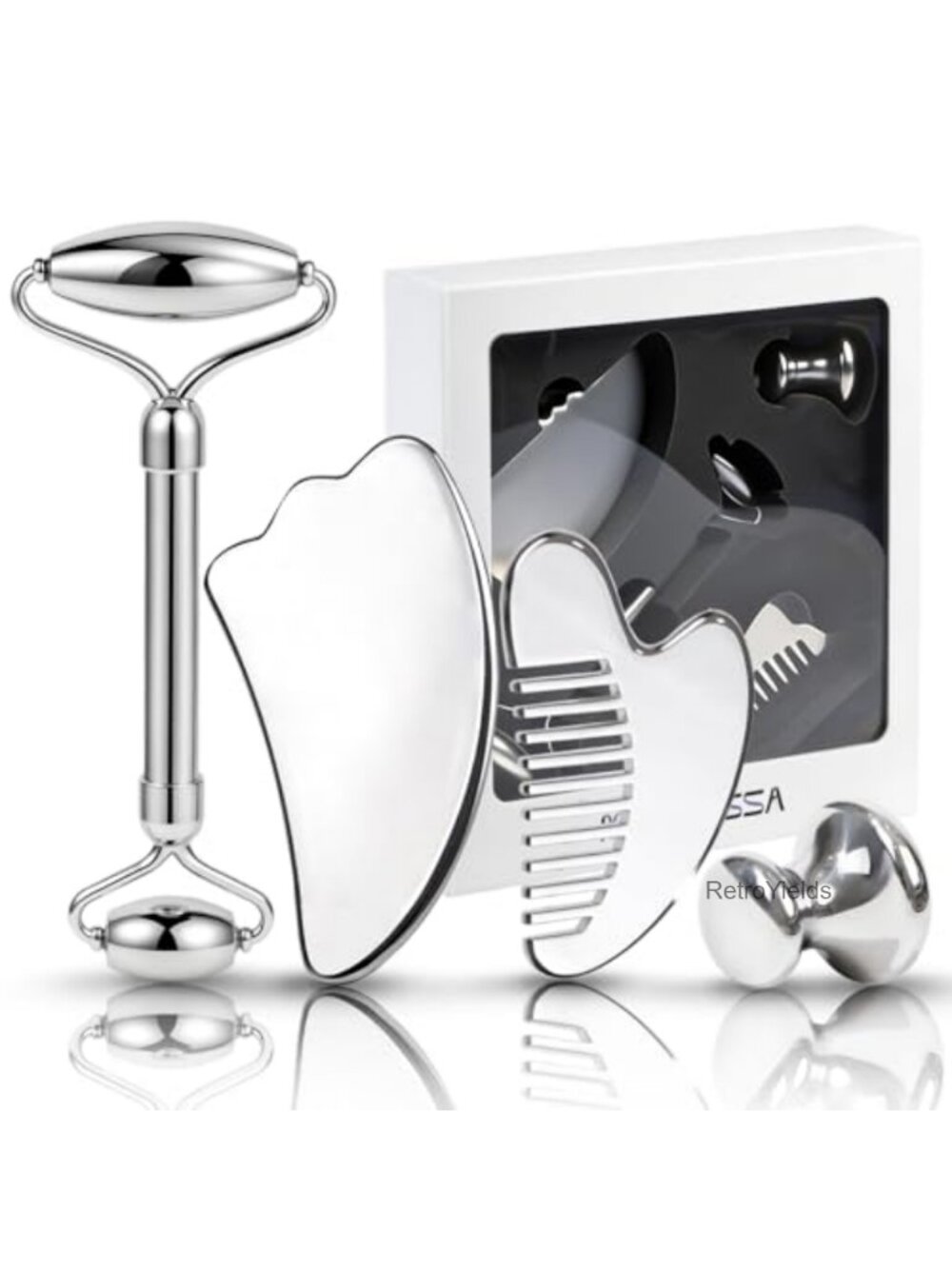 Stainless Steel Face Roller & Gua Sha Set 4-in-1 Facial Massage Skincare Kit